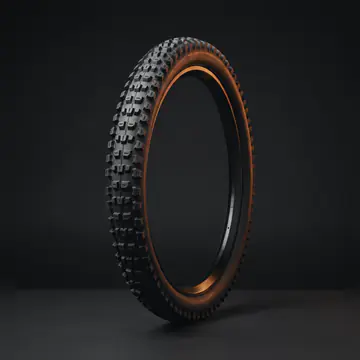 A knobby mountain-bike tire standing on its edge