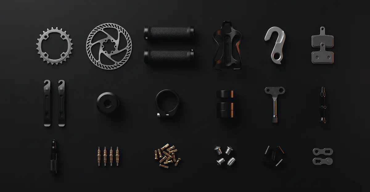 About twenty small bike parts laid out in a neat grid on a dark surface, from a chainring and a brake rotor down to valve cores and spoke nipples