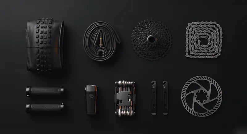 Bike parts laid out in neat rows on a dark surface: a folded tire, an inner tube, a cassette, a chain, a pair of grips, a light, a multitool, two tire levers and a brake rotor