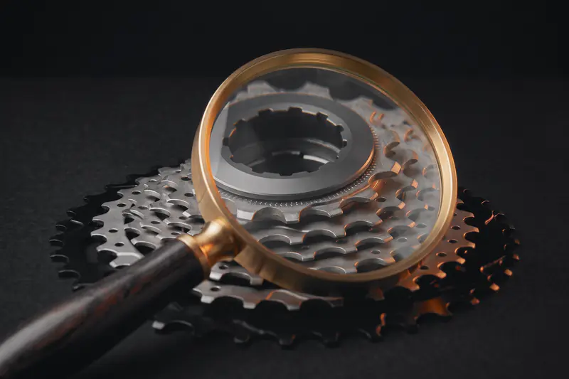 A magnifying glass resting on a bike cassette